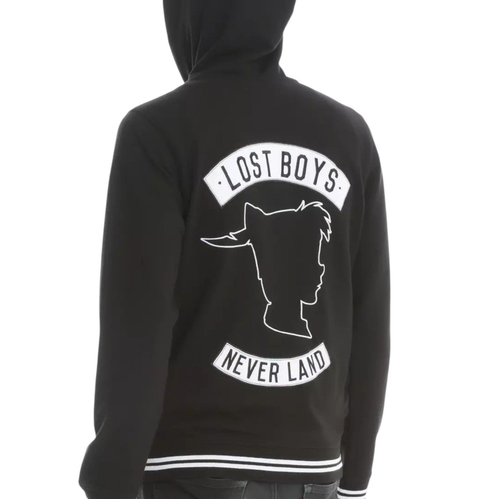 Disney Peter Pan Lost Boys Varsity Jacket Mens Medium Black Hooded Never Grow Up